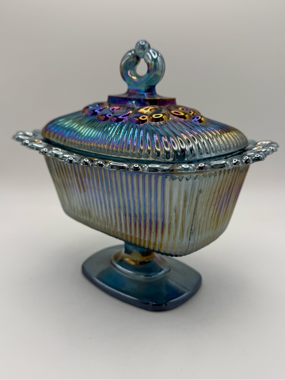 Indiana Glass Laced Iridescent Electric Blue Lidded Footed Candy Dish